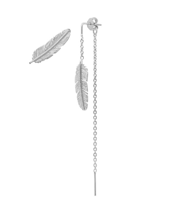 HEIRING ØRESTIK ½ MED KÆDE FJER SØLV RHODINERET