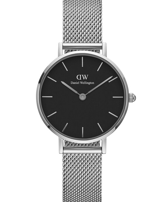 DANIEL WELLINGTON STERLING 28 MM SORT SKIVE MED STÅL MESH LÆNKE - DW00100218