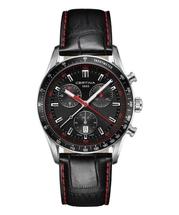 CERTINA DS-2 HERRE CHRONOGRAF SORT SKIVE MED SORT LÆDERREM RØDE STIKNINGER