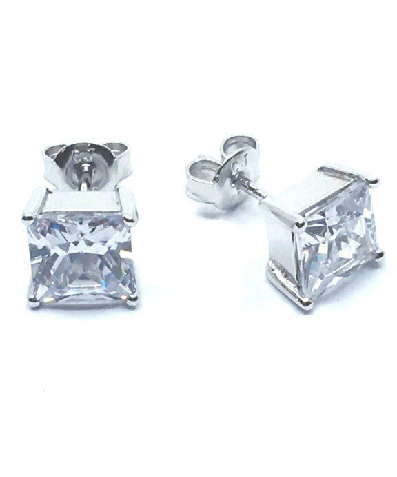 SØLV ØRESTIK RHODINERET 7 MM FIRKANTET SYNT. ZIRKONIA 4 GRABBER