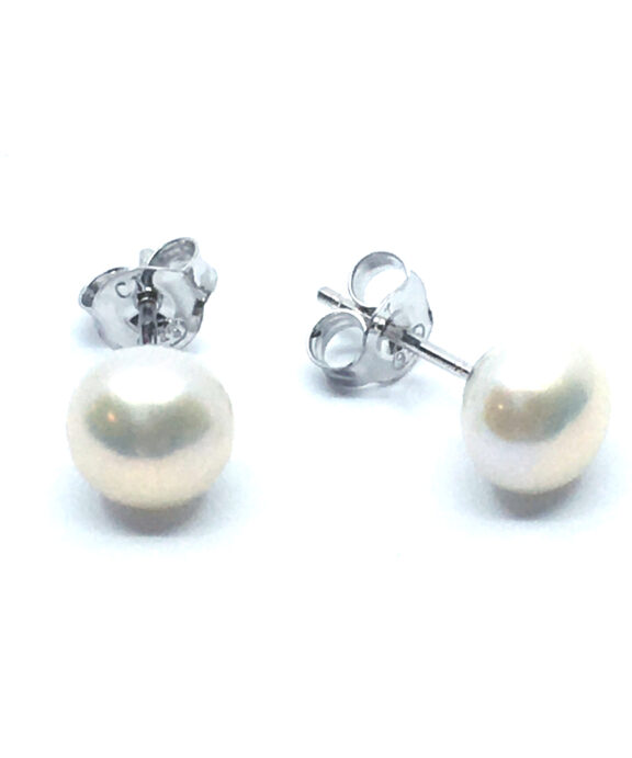 SØLV ØRESTIK RHODINERET HVID MED KNAP FERSKVANDSPERLE 6 MM
