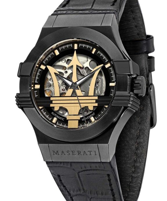 MASERATI POTENZA SORT STÅL MED SORT LÆDER REM OG SORT SKIVE