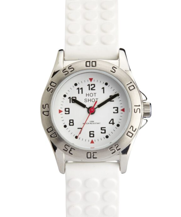 HOT SHOT BØRNE UR STÅL MED HVID GUMMIREM OG 100 METER VANDTÆT