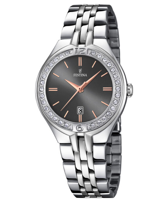 FESTINA DAME UR SORT SKIVE MED ROSA VISERE OG MARKERINGER STEN PÅ KRANZ STÅL MED LÆNKE - F16867/3