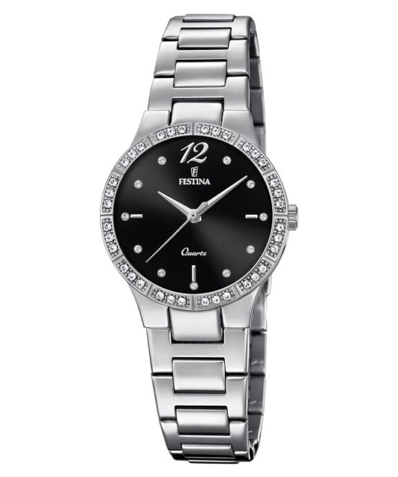FESTINA DAME UR STÅL LÆNKE SORT SKIVE MED KRYSTAL UDSMYKKET KRANS - F20240/2