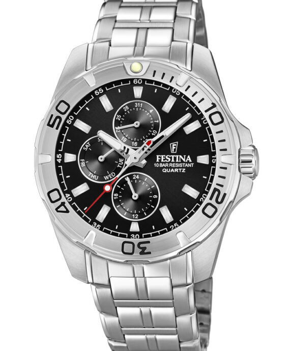 FESTINA HERRE UR STÅL MULTIFUNKTION SORT SKIVE MED LÆNKE - F20445/3