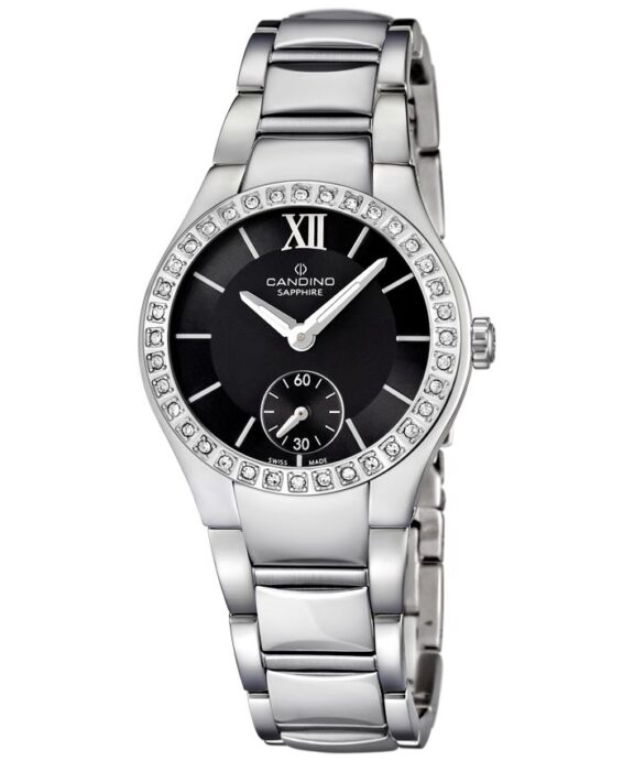 CANDINO SWISS MADE DAME UR STÅL SORT SKIVE MED LÆNKE OG SAFIRGLAS - C4537/2