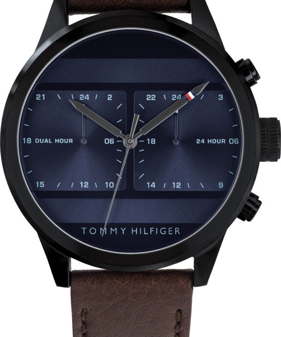 TOMMY HILFIGER UR HERRE MED BRUN LÆDERREM OG BLÅ SKIVE - 1791593