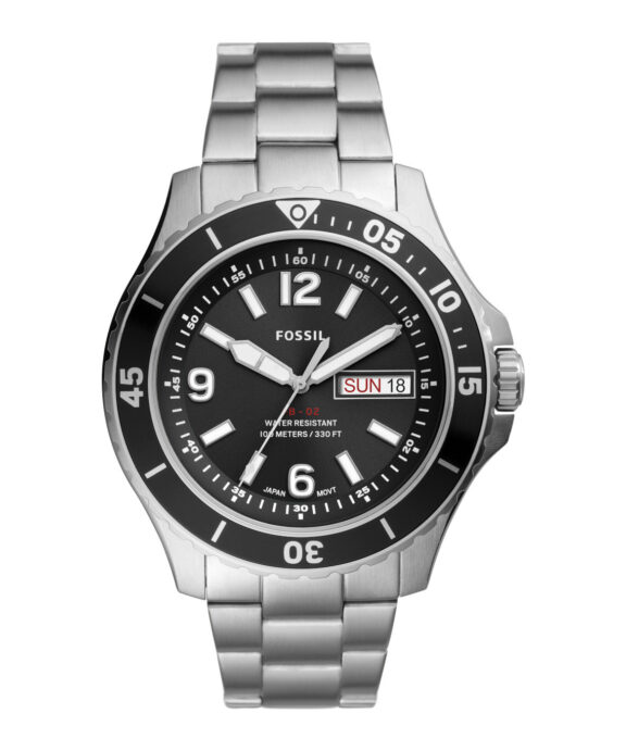 FOSSIL STÅL LÆNKE OG SORT SKIVE MED DAG OG DATO - FS5687