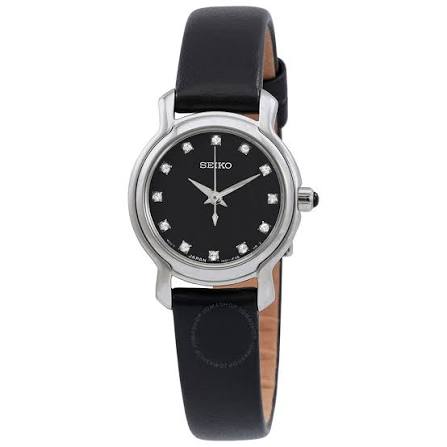 SEIKO DAME UR STÅL SORT LÆDERREM MED KRYSTALLER PÅ SKIVEN - SXGP67P1