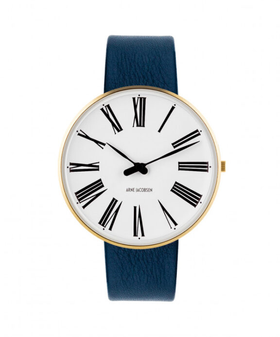 ARNE JACOBSEN ROMAN STÅL DOUBLE 40MM HVID SKIVE BLÅ LÆDERREM