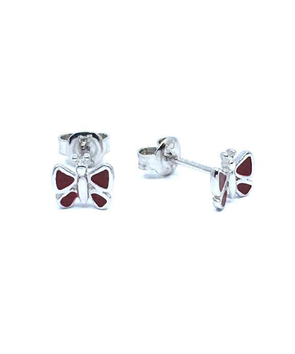 SØLV ØRERINGE STIK SOMMERFUGL MED RØD EMALJE