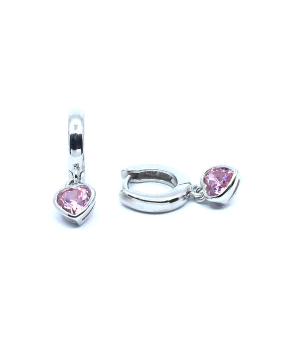 SØLV ØRERINGE CREOL DIAMETER 12 MM MED LYSERØD HJERTE SYNTETISK ZIRKONIA