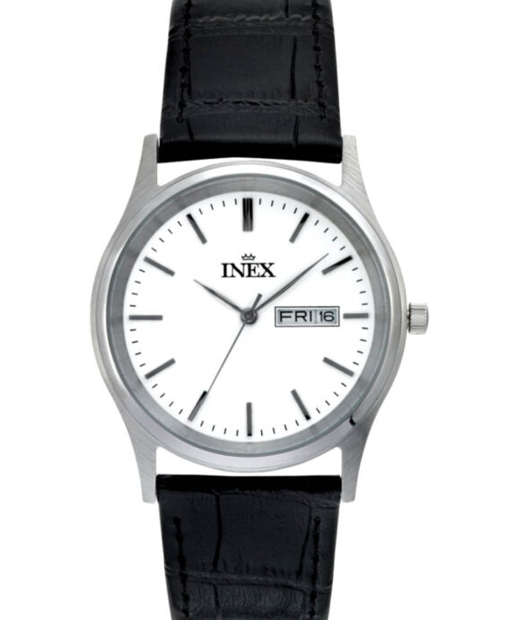 INEX HERRE UR STÅL DATO MED SORT LÆDERREM - A12124-1S0I