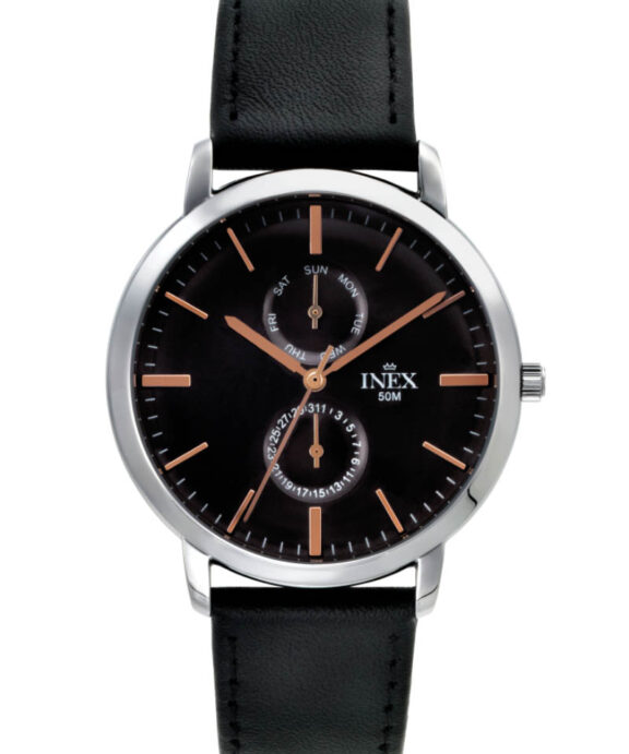 INEX HERRE UR STÅL DAG-DATO MED SORT LÆDERREM