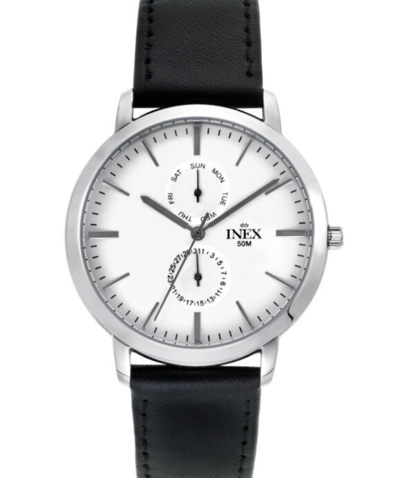 INEX HERRE UR STÅL DAG-DATO MED SORT LÆDERREM