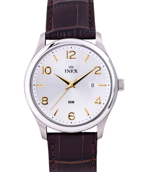 INEX HERRE UR STÅL DATO MED BRUN LÆDERREM - A76205S4I