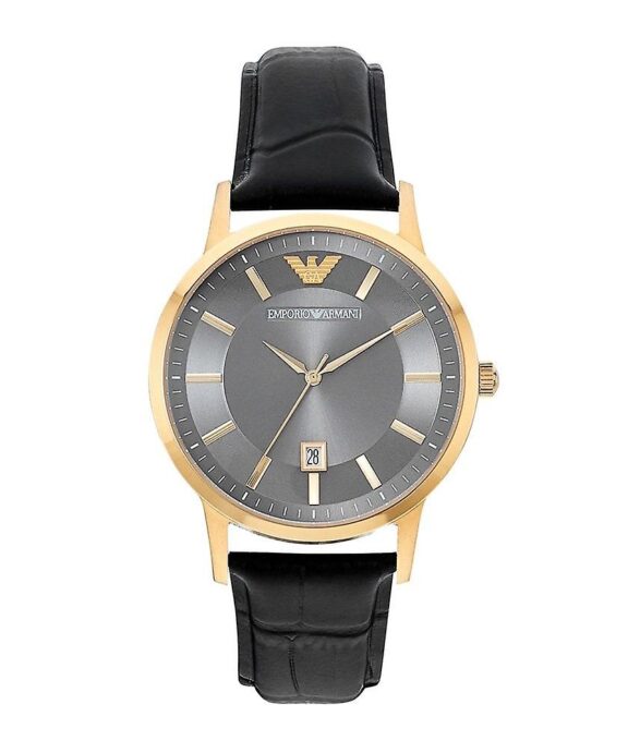 EMPORIO ARMANI HERRE UR STÅL GULD BELAGT MED SORT LÆDERREM - AR11049