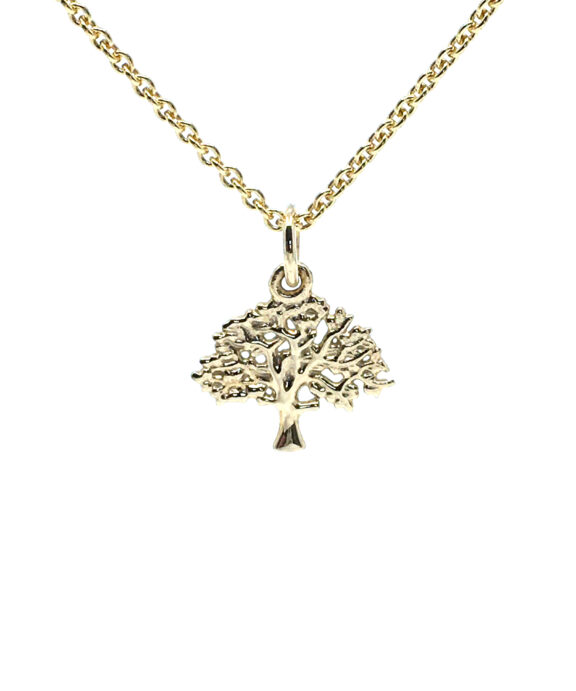 14 KARAT GULD VEDHÆNG LIVETSTRÆ LILLE 14X13 MM MED SØLV FORFYLDT KÆDE 45 CM