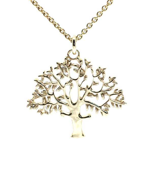 14 KARAT GULD VEDHÆNG LIVETSTRÆ STOR 28X25 MM MED SØLV FORGYLDT KÆDE 45 CM