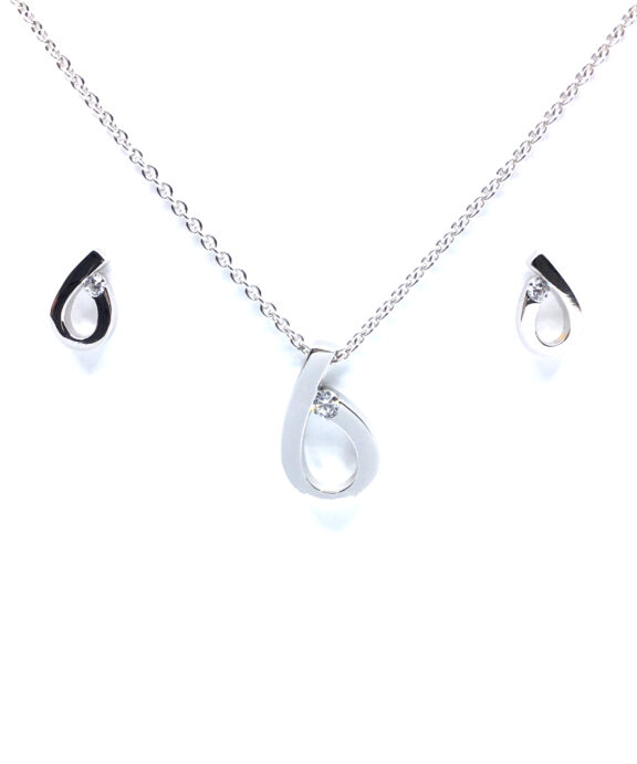 SØLV SÆT 18 HALSKÆDE + ØRERINGE STIK DRÅBE MED SYNTETISK ZIRKONIA