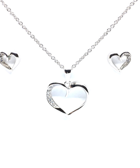 SØLV SÆT 1 HALSKÆDE + ØRERINGE STIK ÅBEN HJERTE MED SYNTETISKE ZIRKONIA