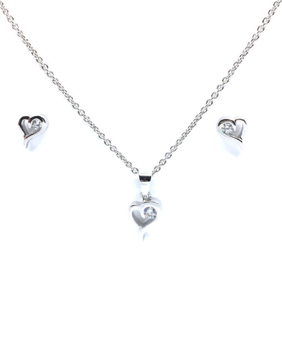 SØLV SÆT 13 HALSKÆDE + ØRERINGE STIK HJERTE MED SYNTETISK ZIRKONIA