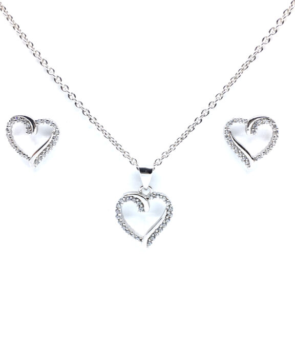 SØLV SÆT 3 HALSKÆDE + ØRERINGE STIK ÅBEN HJERTE MED SYNTETISK ZIRKONIA