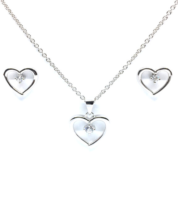SØLV SÆT 6 HALSKÆDE + ØRERINGE STIK ÅBEN HJERTE MED SYNTETISK ZIRKONIA