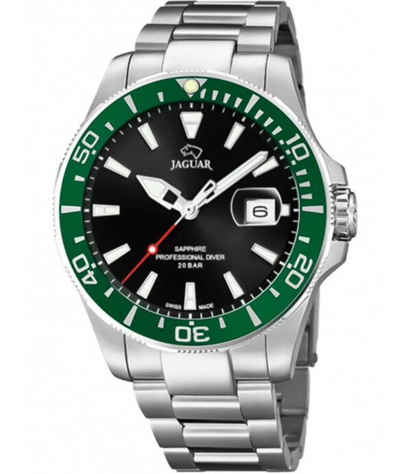 JAGUAR UR HERRE STÅL LÆNKE MED SORT/GRØN SKIVE - J860/H