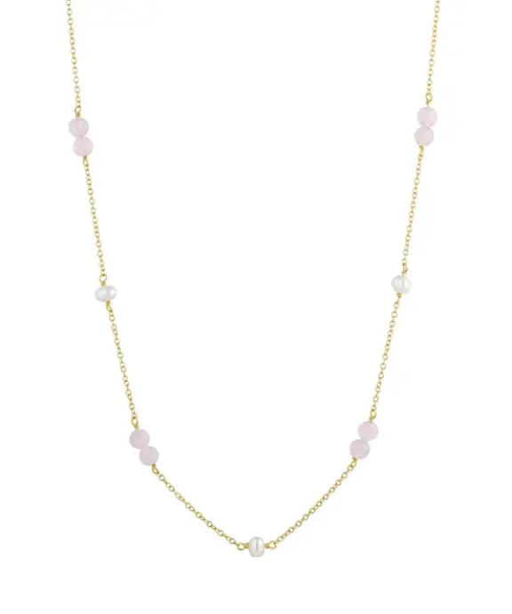 CARRÈ GEM CANDY SØLV FORGYLDT HALSKÆDE MED PERLE OG ROSA KVARTS - FC 4316 BIRQ 35+2,5+2,5