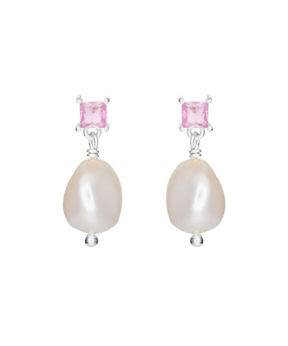 SUSANNE FRIIS BJØRNER ØRERINGE SØLV LYSERØD ZIRKONIA OG FERSKVANDSPERLE - 5638-1-210