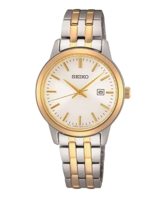 SEIKO DAME TOFARVEDE LÆNKE HVID SKIVE MED DATO - SUR410P1