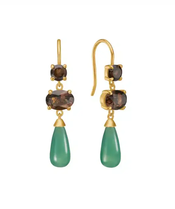 CARRÉ PASHA ØRERINGE SØLV FORGYLDT MED RØGKVARTS OG GRØN AGAT - FH 4375 ST-GR