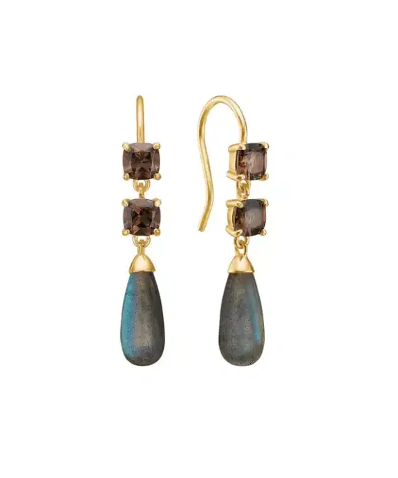 CARRE ØRERINGE SØLV FORGYLDT MED RØG KVARTS OG LABRADORIT - FH 4410 STSTLB