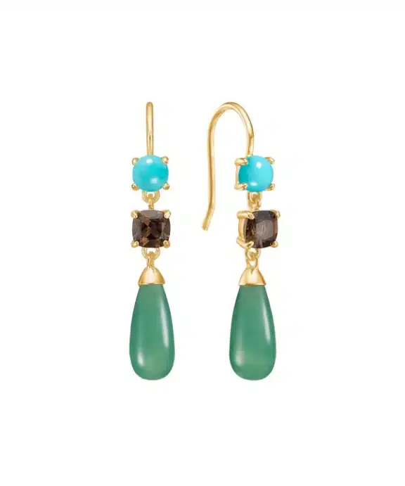 CARRÉ PASHA SØLV FORGYLDT ØRERINGE MED TYRKIS, RØGKVARTS OG GRØN AGAT - FH 4410 TQSTGR