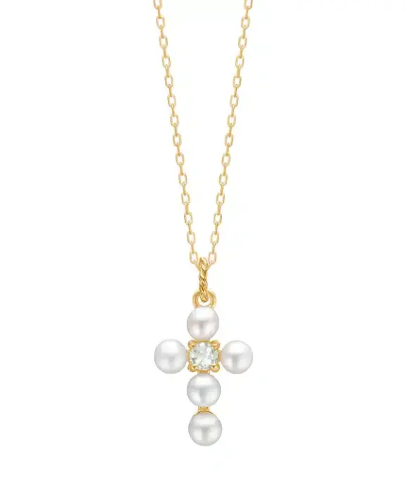 CARRÉ REEF SØLV FORGYLDT VEDHÆNG KORS MED PERLER OG PRASIOLIT - FL 4461 PRSBI