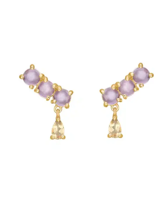 CARRÉ ØRERINGE SØLV FORGYLDT MED AMETYST OG CHAMPANGE KVARTS - FS 4449 AMCHQ