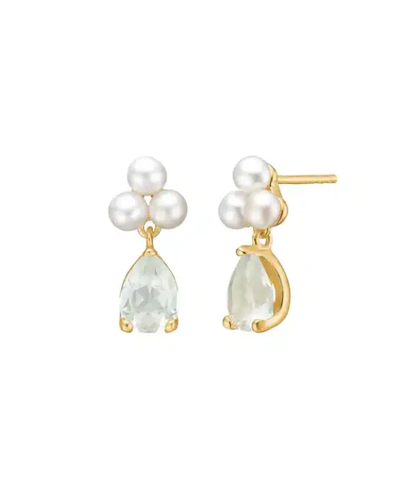 CARRÉ ØRERINGE SØLV FORGYLDT MED PERLE OG PRASIOLIT - FS 4467 BI-PRS