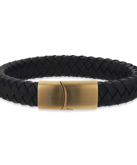 SCROUPLES FORCE ARMBÅND SORT LÆDER FORGYLDT STÅL LÅS 21CM - 03571A,M