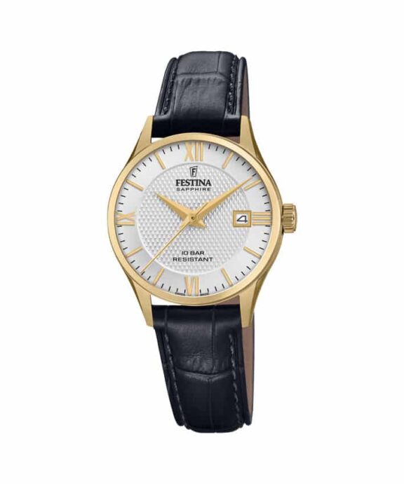 FESTINA SWISS MADE UR DAME GULD FARVET MED SORT LÆDERREM - F20011/1