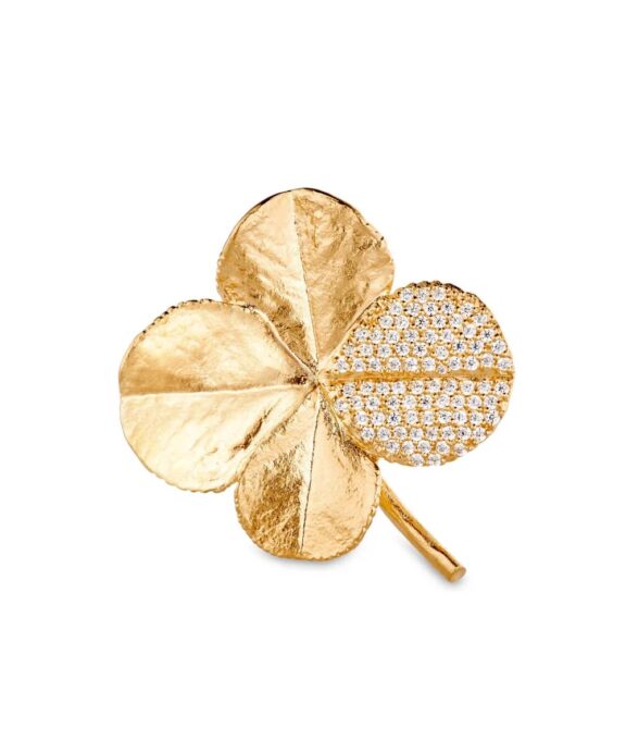 FLORA DANICA FIRKLØVER BROCHE PAVÉ FORGYLDT SØLV - FLC-BRO-G-PAVE