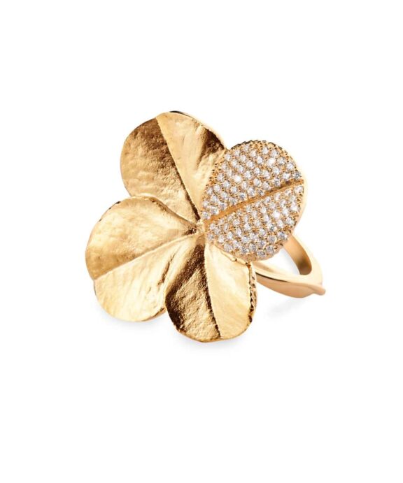FLORA DANICA STATEMENT RING FIRKLØVER PAVÉ FORGYLDT SØLV - FLC-STRI-G-PAVE
