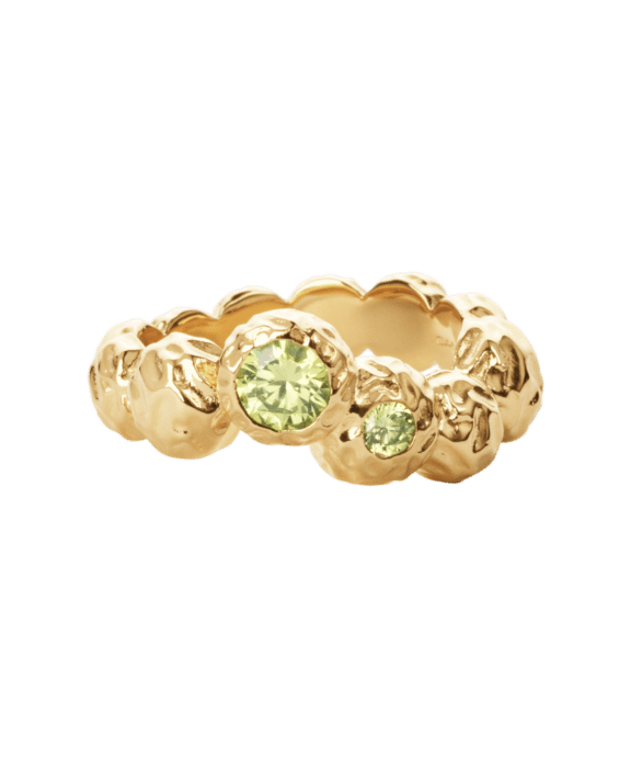 CAMILLE BRINCH LARGE WARY DOTS RING I FORGYLDT SØLV MED LYSGRØN ÆDELSTEN - LWDR-FG